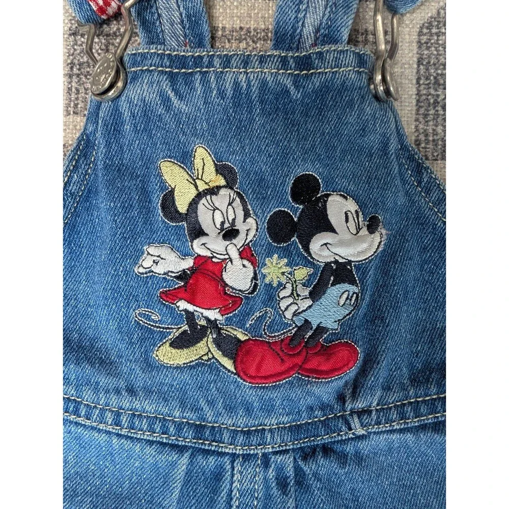 VTG 90s Disney Mickey Minnie Mouse Denim Overalls Gingham Floral Embroidery - Picture 2 of 11